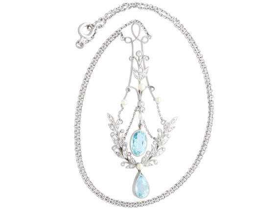 Antique 1.59ct Aquamarine, 1.59ct Diamond  Pearl … - image 2