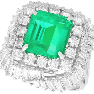 Vintage 5.11ct Colombian Emerald and 3.32ct Diamond Statement Ring in Platinum