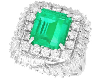 5.11ct Colombian Emerald and 3.32ct Diamond Platinum Dress Ring - Vintage Circa 1950