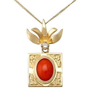 Vintage Coral and Diamond, 18k Yellow Gold Pendant