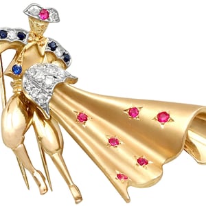 Sapphire and Ruby, Diamond and 18ct Yellow Gold &#39;Matador&#39; Brooch - Vintage Circa 1950