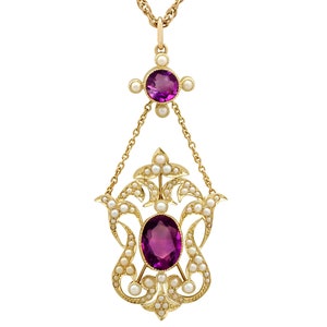 Antique 4.83ct Amethyst Pendant with Pearl in 18k Yellow Gold