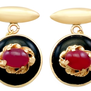Vintage Italian 1.75ct Ruby and Onyx, 18ct Yellow Gold Cufflinks  Circa 1990