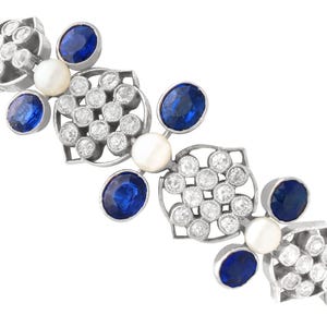 Antique 4.23ct Sapphire Bracelet with 1.51ct Diamond and Pearl in Platinum Circa 1935