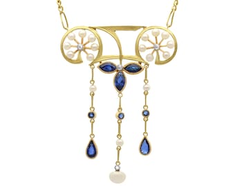 Antique Art Nouveau Sapphire, Pearl & Diamond 18ct Gold Pendant (1900)