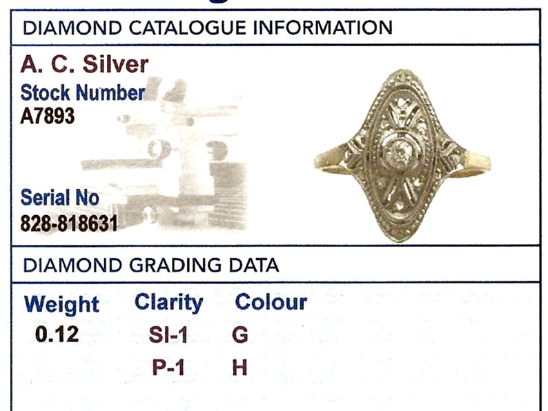 May include: A diamond ring with a 0.12 carat diamond, SI-1 clarity, and G color. The ring is set in a gold band and features a delicate, oval-shaped design.