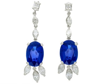 16.78ct Ceylon Sapphire and 4.26ct Diamond, 9ct White Gold Drop Earrings - Vintage Circa 1960