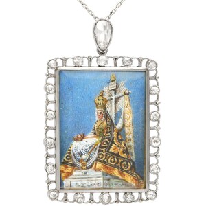 May include: A silver pendant necklace with a rectangular frame set with clear stones. The frame encloses a painted image of a woman in a crown and robe, holding a cross.