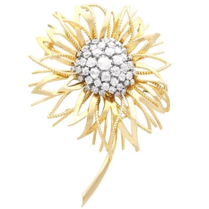 2.89ct Diamond and 18ct Yellow Gold Flower Brooch - Vintage French Circa 1950