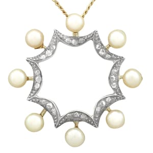 Antique Pearl and 0.28 ct Diamond, 14k Yellow Gold Pendant