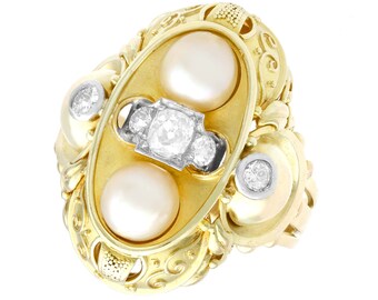 Pearl and 0.72 ct Diamond, 14 ct Yellow Gold Dress Ring - Vintage German Circa 1950