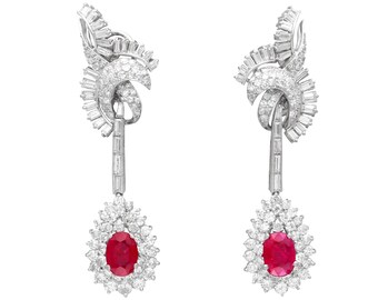 6.42ct Ruby, 8.56ct Diamond and Platinum Earrings - Antique Circa 1935