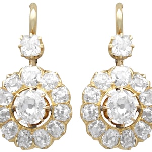 Antique 3.91 Carat Diamond Cluster Drop Earrings in 15k Yellow Gold Circa 1870