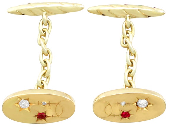 Antique 14k Yellow Gold Cufflinks: Ruby, Emerald … - image 2
