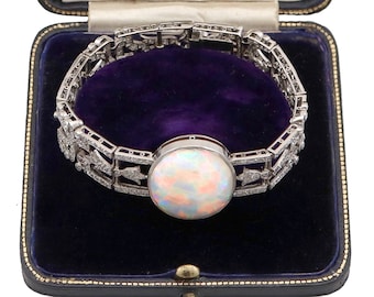 Antique 24.66ct Opal and 9.81ct Diamond, Platinum Bracelet