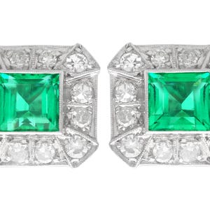 Vintage 2.06 Carat Colombian Emerald Cluster Earrings with 1.68 Carat Diamond in 14k White Gold Circa 1940