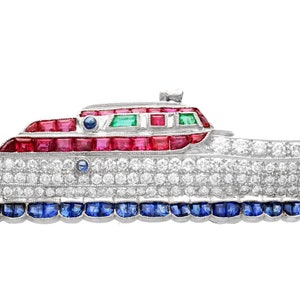 2.35 ct Diamond, 0.75 ct Sapphire, 0.58 ct Ruby and Emerald, 18 ct Yellow Gold Boat Brooch - Vintage Circa 1970