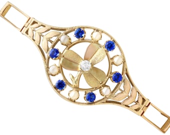 Antikes Saphir Diamant Samen Perlen Armband, 18k Gelbgold Clover, um 1900