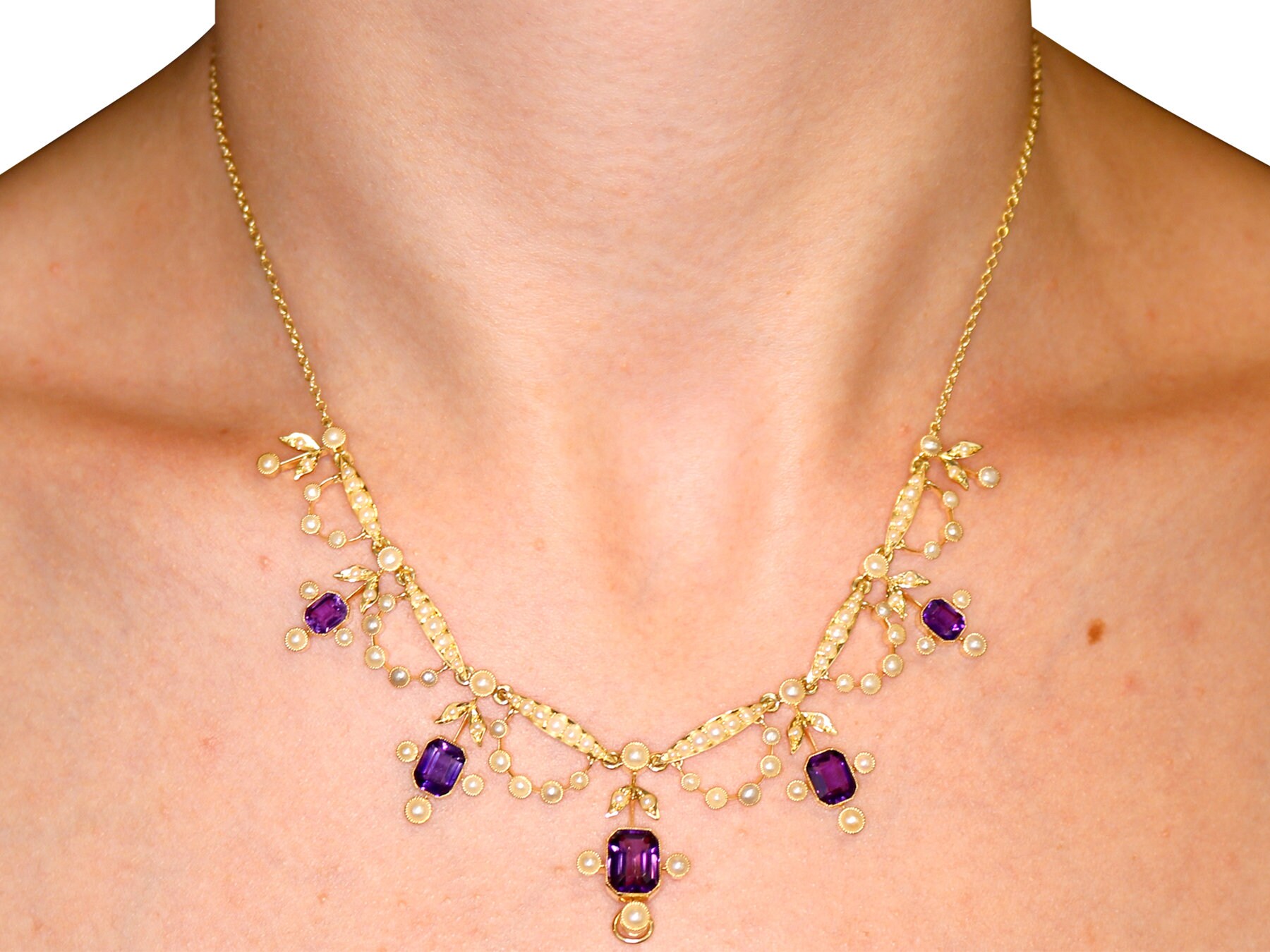 Antique Edwardian 4.47ct Amethyst Necklace With Seed Pearl