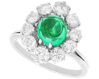 1.50ct Emerald and 2.40ct Diamond, 18ct White Gold Cluster Dress Ring - Vintage French Circa 1980