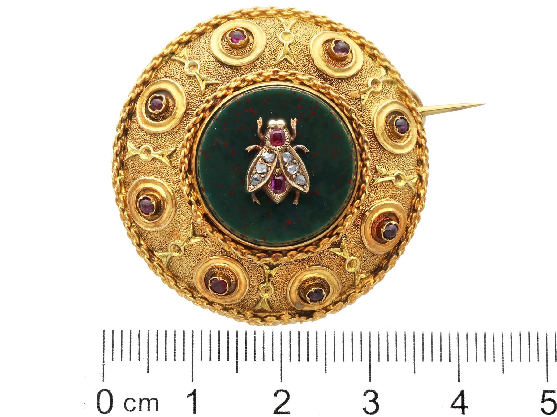 Antique Ruby Bloodstone Brooch: Diamond Fly Motif, 21k Gold, Circa