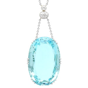 Antique/Vintage 48.34ct Aquamarine and 0.70ct Diamond, 18ct Yellow Gold and Platinum Necklace