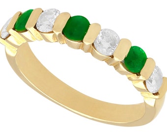 0.55ct Emerald and 0.80ct Diamond, 18ct Yellow Gold Ring - Vintage French Circa 1980