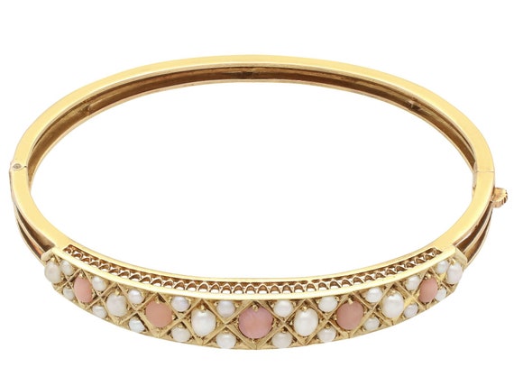 Coral and Seed Pearl, 15 ct Yellow Gold Bangle - … - image 2