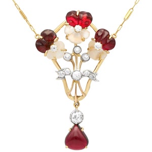 Antique Victorian 6.92 ct Garnet 3.50 ct Moonstone and 1.23 ct Diamond 14ct Yellow Gold Pendant