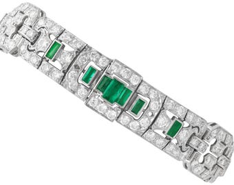 Antique Art Deco 2.10ct Emerald, 8.50ct Diamond and Platinum Bracelet Circa 1920