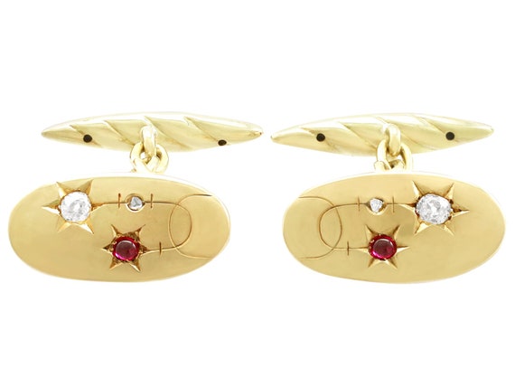 Antique 14k Yellow Gold Cufflinks: Ruby, Emerald … - image 1
