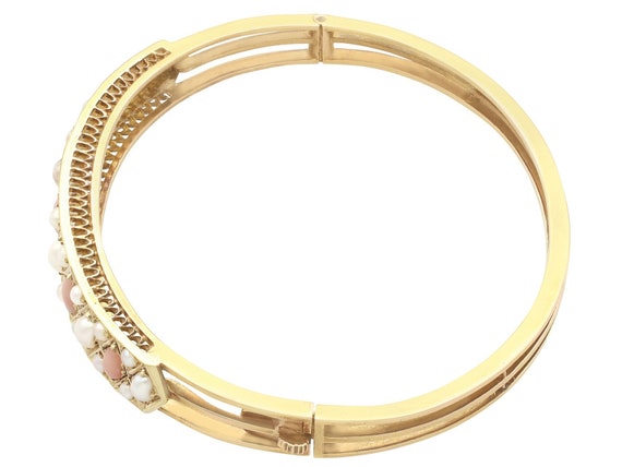 Coral and Seed Pearl, 15 ct Yellow Gold Bangle - … - image 4