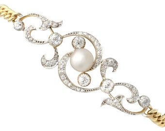 Conjunto de pulsera antigua de perlas naturales y diamantes de 2,72 ct, oro amarillo y plata