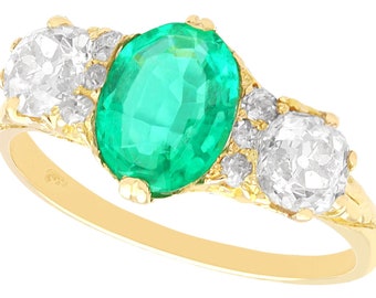 1.50ct Emerald and 2.64ct Diamond 18ct Yellow Gold Dress Engagement Ring - Antique Circa 1890