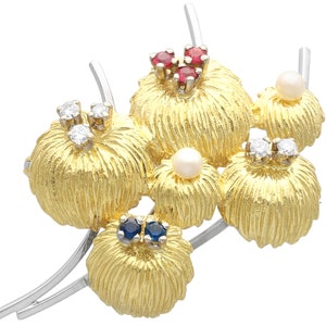 Sapphire, Ruby, Pearl and 0.20ct Diamond, 18ct Yellow Gold Brooch - Vintage Circa 1950