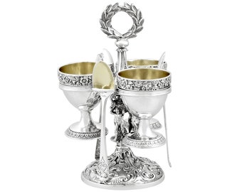 Antique Sterling Silver Egg Cruet Set For Three Persons