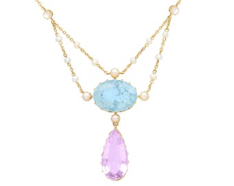 Antique 8.18ct Aquamarine, 5.14ct Amethyst and Pearl, 18k Yellow Gold Pendant
