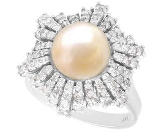 Antique Natural Saltwater Pearl and 0.95ct Diamond, 18k White Gold Dress Ring