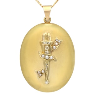 Antique Victorian Locket Pendant with 0.19ct Diamond and Pearl in 15k Yellow Gold