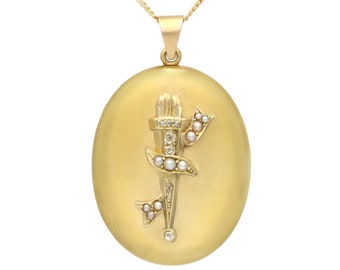 Antiker Viktorianischer Medaillon Anhänger mit 0.19ct Diamant und Perle in 750er Gelbgold