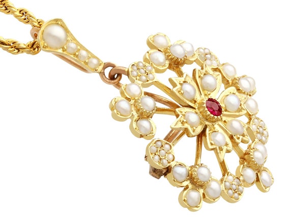 Ruby and Seed Pearl, 15ct Yellow Gold Pendant / B… - image 3