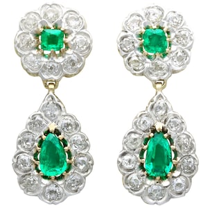 Antieke Victoriaanse 3,18 kt smaragdgroene oorbellen met 3,23 kt diamant in geelgoud