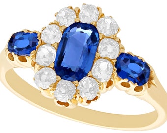 Antique 1.10 ct Sapphire and 0.60 ct Diamond, 18k Yellow Gold Dress Ring