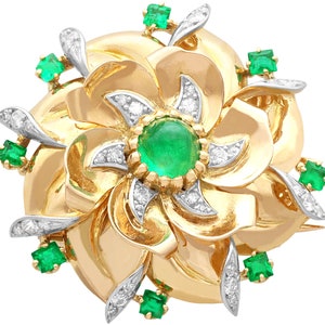 1.70ct Emerald and 0.39ct Diamond, 18ct Yellow Gold Brooch - Vintage French Circa 1940