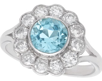 1.34 ct Aquamarine and 0.96ct Diamond, 14 ct White Gold Cluster Ring - Vintage Circa 1950