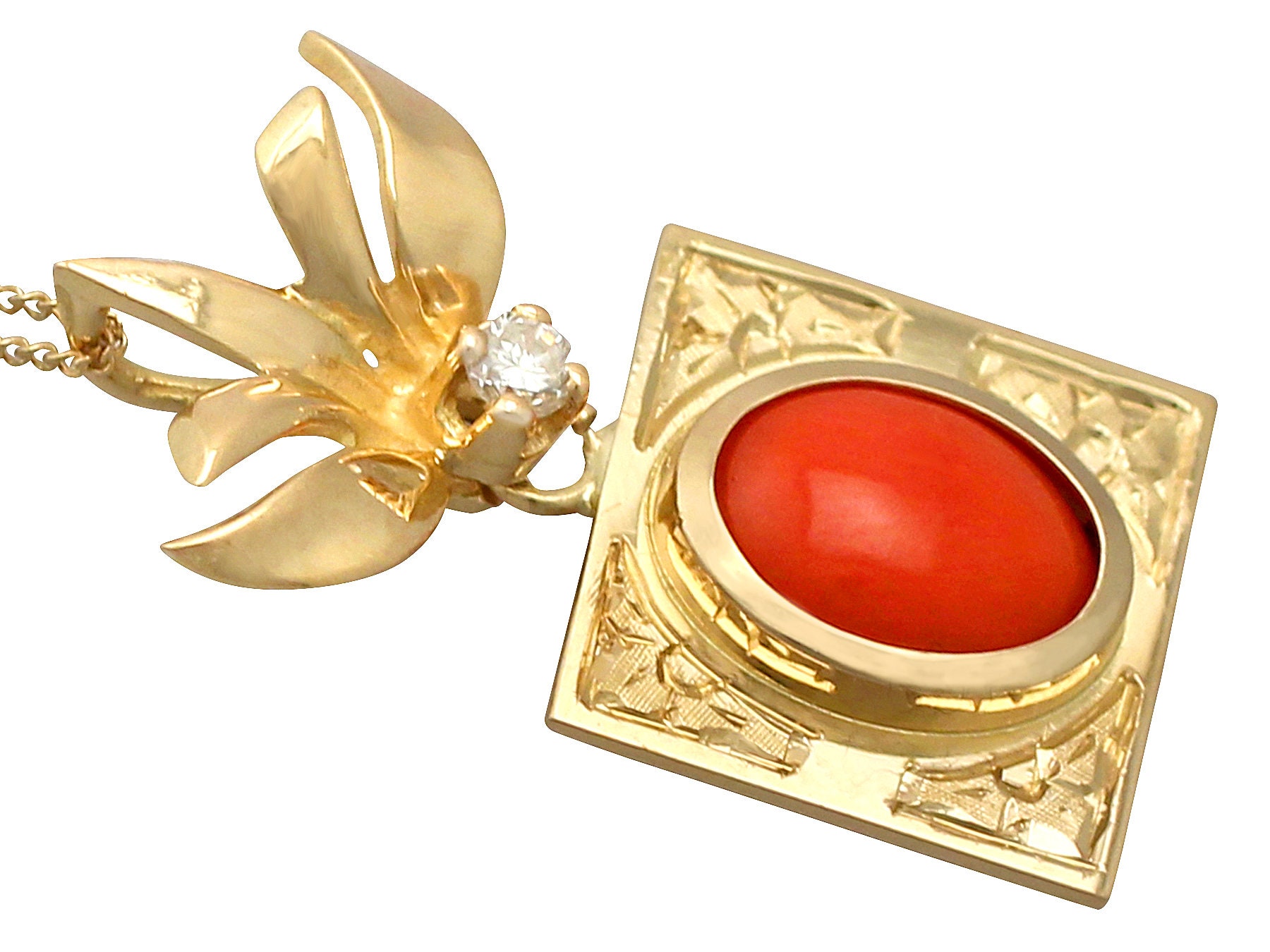 Pendentif Art Déco Or 18k Rose Corail Et Diamant (circa 1950) - Occasion Vintage