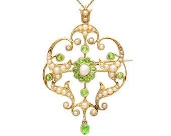 1.19 Demantoid Garnet And Seed Pearl, 15ct Yellow Gold Pendant / Brooch - Antique Circa 1890
