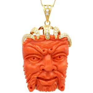 Vintage 112ct Coral Pendant with 0.29ct Diamond in 18k Yellow Gold Circa 1980