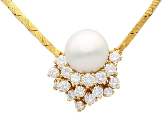 Perle de culture vintage et diamant 1.75 ct, collier en or jaune