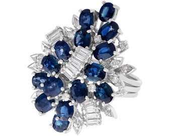 5.25ct Sapphire and 1.33ct Diamond, 14ct White Gold Cocktail Ring - Vintage Circa 1970